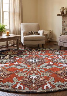 Saffron Rugs Hand Tufted Wool Area Rug | Terracotta Rust Round Rug | Cotton Backing | Old World Floral Home Decor Carpet for Living Room Bedroom