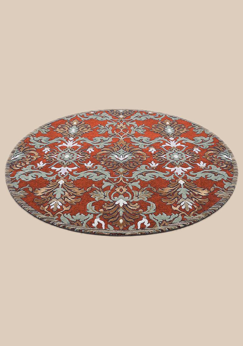 Saffron Rugs Hand Tufted Wool Area Rug | Terracotta Rust Round Rug | Cotton Backing | Old World Floral Home Decor Carpet for Living Room Bedroom - Indya
