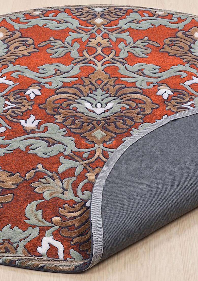 100% Wool Handmade Orange Rug | Floral Round Carpet With Cotton Backing For Living Room | Bedroom - Indya