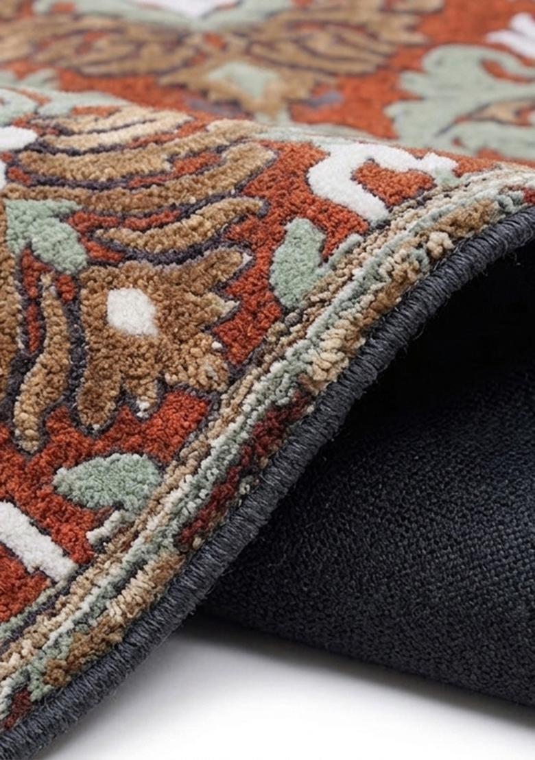 Saffron Rugs Hand Tufted Wool Area Rug | Terracotta Rust Round Rug | Cotton Backing | Old World Floral Home Decor Carpet for Living Room Bedroom - Indya