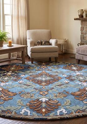 Saffron Rugs Hand Tufted Wool Area Rug | Sky Blue Round Rug | Cotton Backing | Old World Floral Home Decor Carpet for Living Room Bedroom