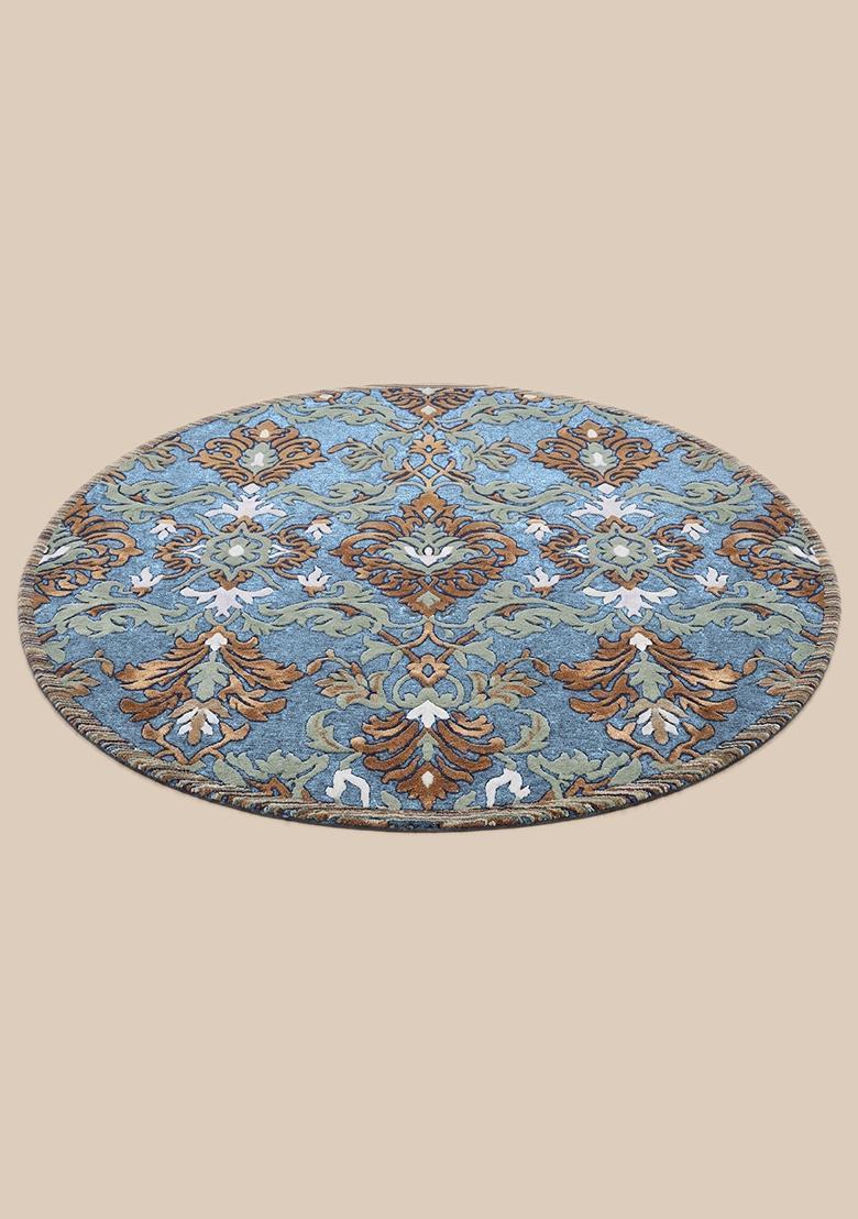 Saffron Rugs Hand Tufted Wool Area Rug | Sky Blue Round Rug | Cotton Backing | Old World Floral Home Decor Carpet for Living Room Bedroom - Indya