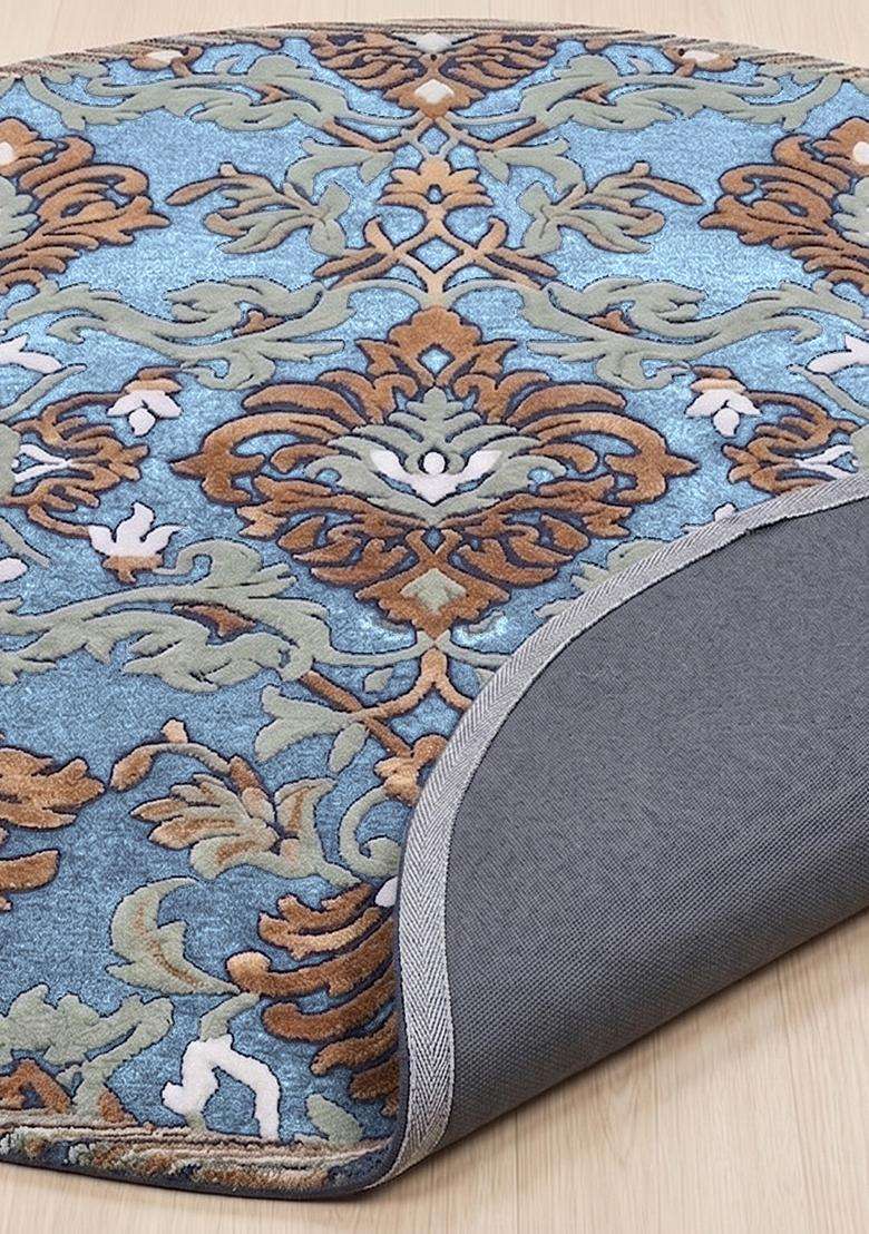 100% Wool Handmade Blue Rug | Floral Round Carpet With Cotton Backing For Living Room | Bedroom - Indya