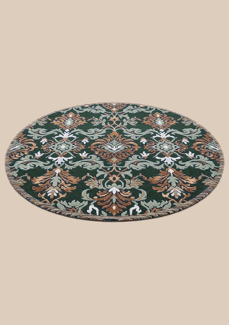 Saffron Rugs Hand Tufted Wool Area Rug | Emerald Green Round Rug | Cotton Backing | Old World Floral Home Decor Carpet for Living Room Bedroom - Indya