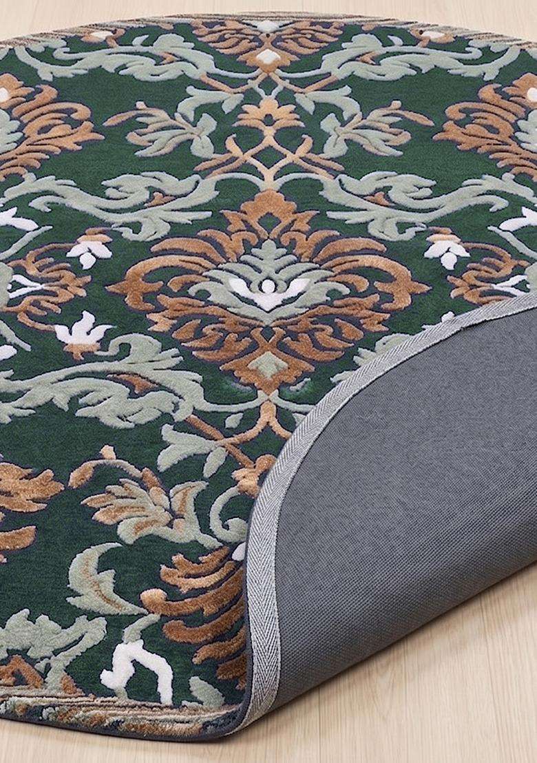 100% Wool Handmade Green Rug | Floral Round Carpet With Cotton Backing For Living Room | Bedroom - Indya