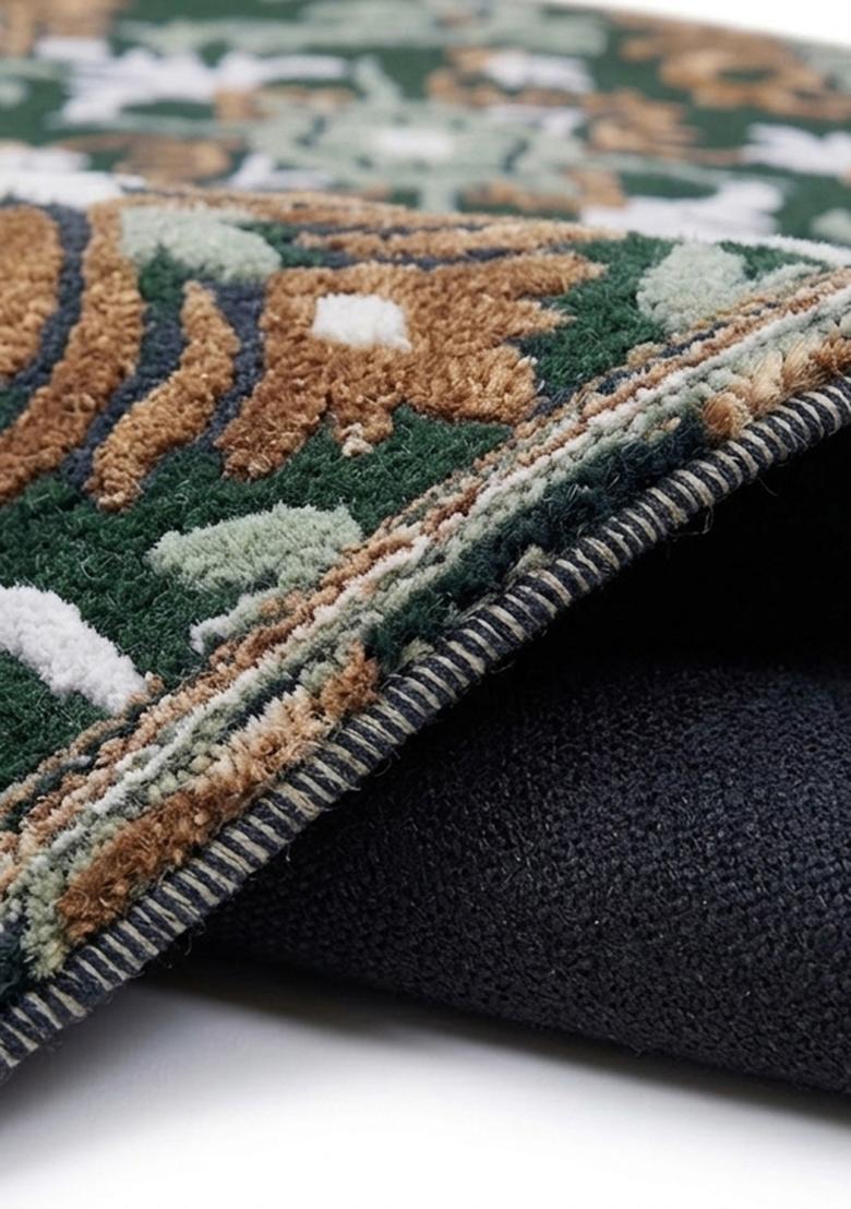 Saffron Rugs Hand Tufted Wool Area Rug | Emerald Green Round Rug | Cotton Backing | Old World Floral Home Decor Carpet for Living Room Bedroom - Indya