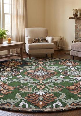 Saffron Rugs Hand Tufted Wool Area Rug | Lime Green Round Rug | Cotton Backing | Old World Floral Home Decor Carpet for Living Room Bedroom