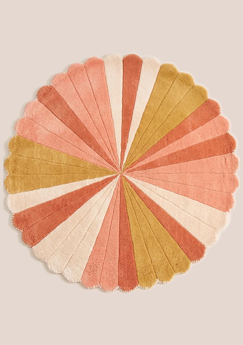 Saffron Rugs Hand Tufted Wool Area Rug | Coral Pink Round Rug | Cotton Backing | Retro Striped Home Decor Carpet for Living Room Bedroom - Indya