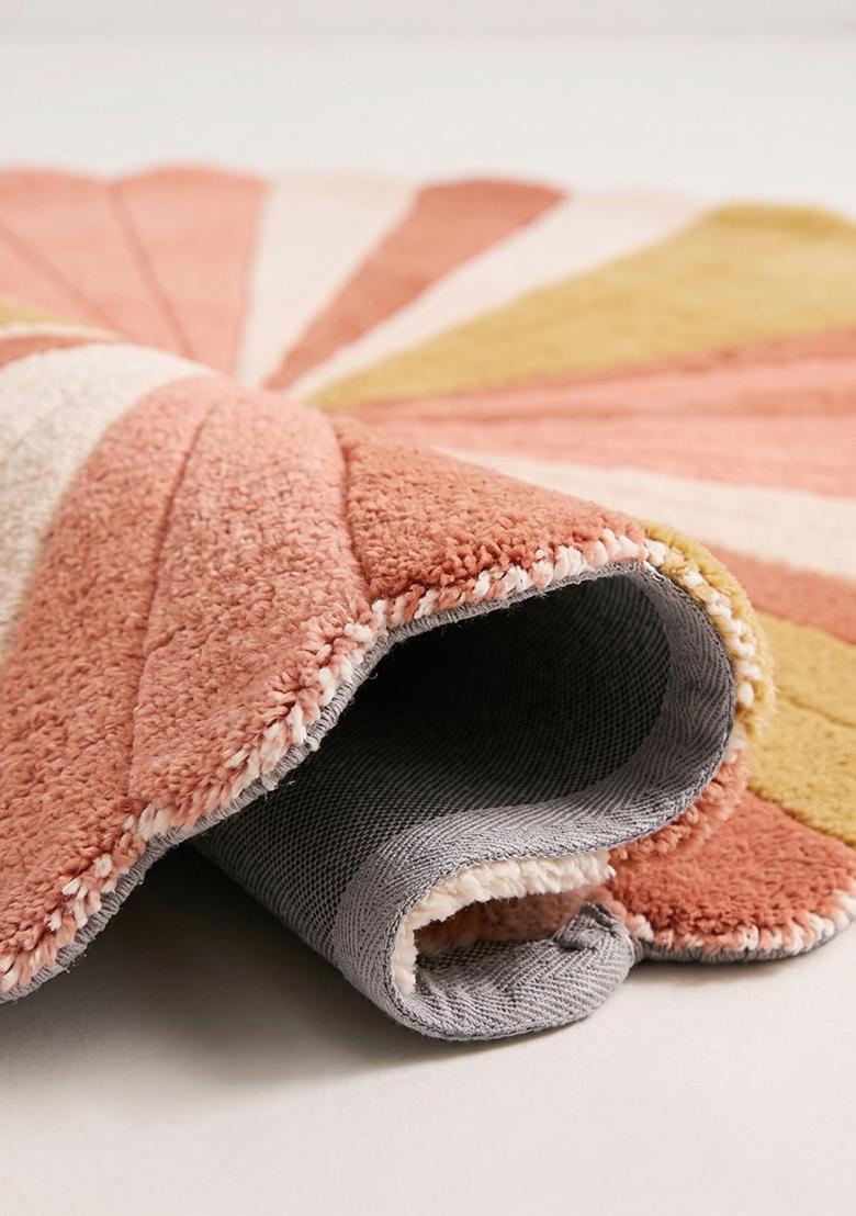 Saffron Rugs Hand Tufted Wool Area Rug | Coral Pink Round Rug | Cotton Backing | Retro Striped Home Decor Carpet for Living Room Bedroom - Indya