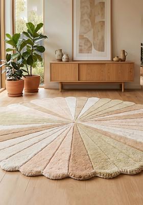 Saffron Rugs Hand Tufted Wool Area Rug | Ivory Round Rug | Cotton Backing | Retro Striped Home Decor Carpet for Living Room Bedroom