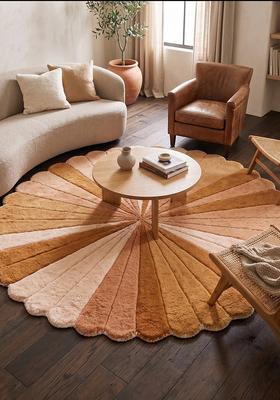Saffron Rugs Hand Tufted Wool Area Rug | Warm Camel Round Rug | Cotton Backing | Retro Striped Home Decor Carpet for Living Room Bedroom