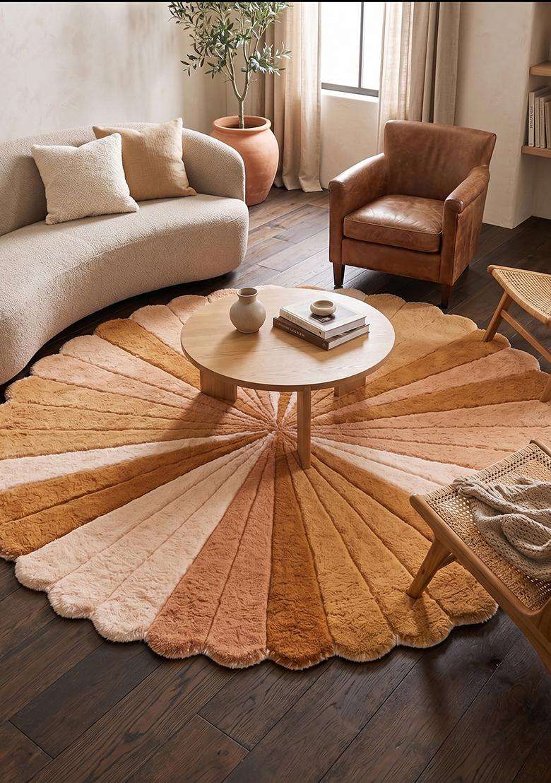 Saffron Rugs Warm Camel Retro Striped Hand Tufted Wool Round Rug - Indya