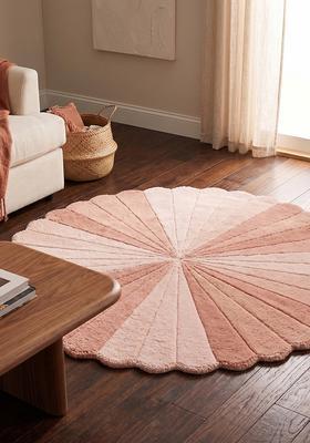 Saffron Rugs Hand Tufted Wool Area Rug | Blush Pink Round Rug | Cotton Backing | Retro Striped Home Decor Carpet for Living Room Bedroom