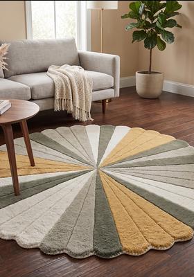 Saffron Rugs Hand Tufted Wool Area Rug | Muted Sage Round Rug | Cotton Backing | Retro Striped Home Decor Carpet for Living Room Bedroom