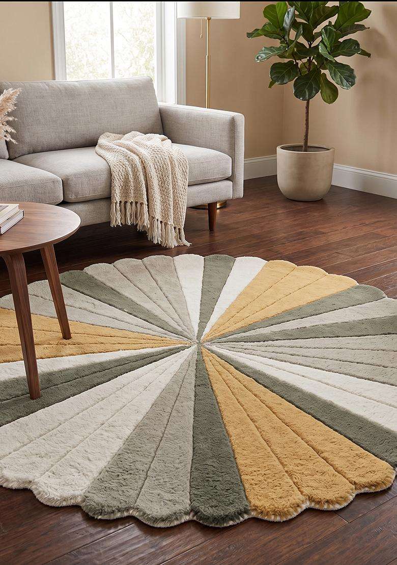 100% Wool Handmade Green Rug | Retro Striped Round Carpet With Cotton Backing For Living Room | Bedroom - Indya