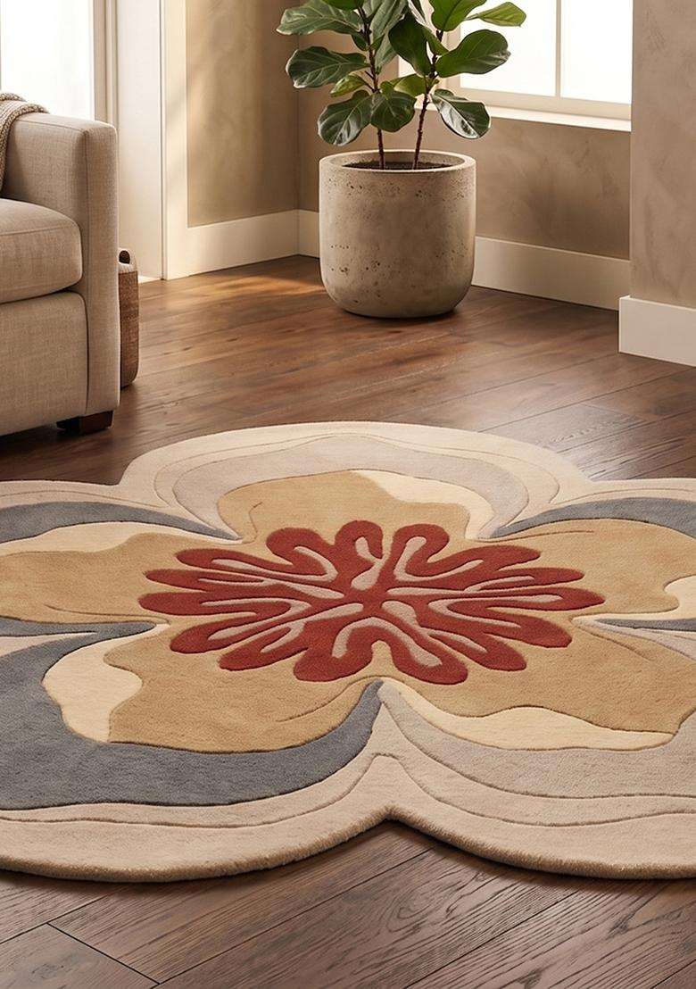 100% Wool Handmade Grey Rug | Contemporary Floral Round Carpet With Cotton Backing For Living Room | Bedroom - Indya