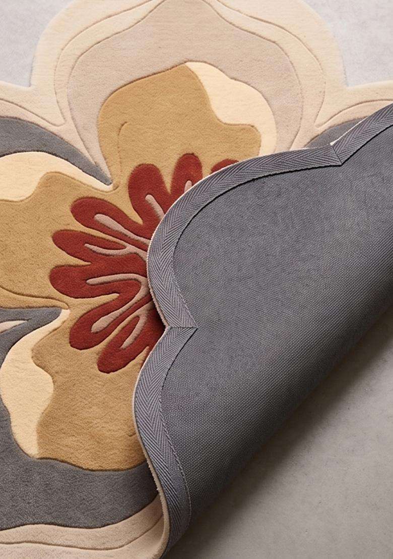 100% Wool Handmade Grey Rug | Contemporary Floral Round Carpet With Cotton Backing For Living Room | Bedroom - Indya