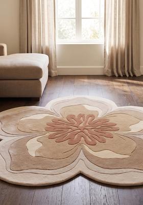 Saffron Rugs Hand Tufted Wool Area Rug | Warm Camel Flower Round Rug | Cotton Backing | Contemporary Floral Home Decor Carpet for Living Room Bedroom