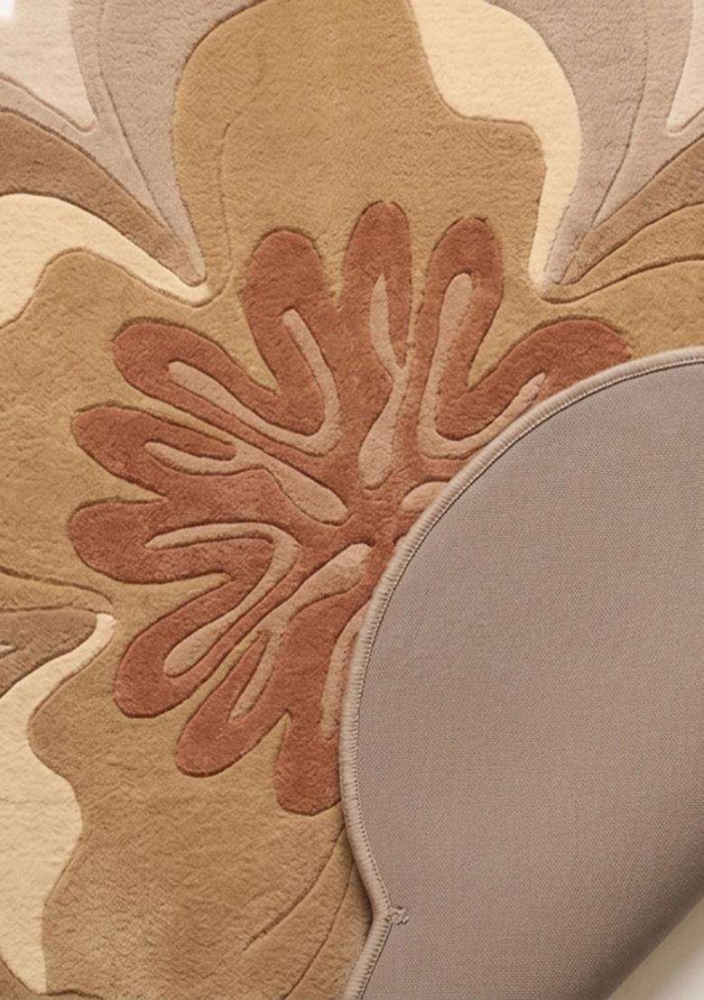 Saffron Rugs Warm Camel Contemporary Floral Hand Tufted Wool Round Rug - Indya