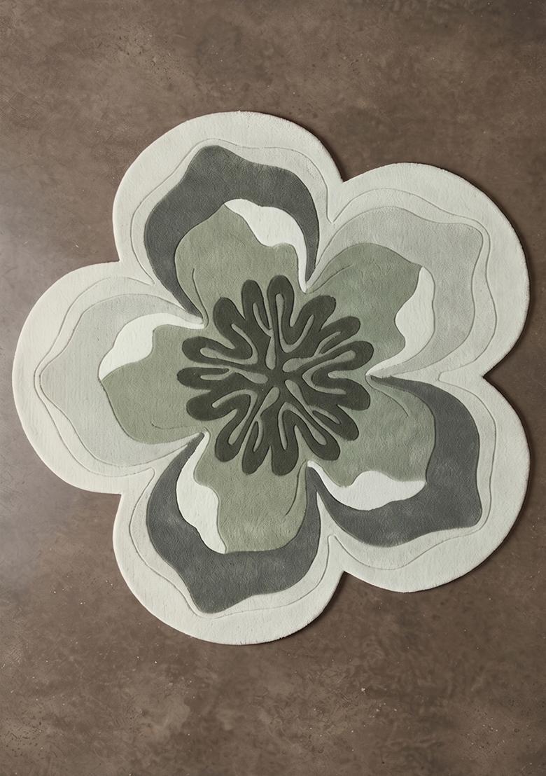 Saffron Rugs Hand Tufted Wool Area Rug | Muted Sage Flower Round Rug | Cotton Backing | Contemporary Floral Home Decor Carpet for Living Room Bedroom - Indya