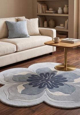 Saffron Rugs Hand Tufted Wool Area Rug | Steel Blue Flower Round Rug | Cotton Backing | Contemporary Floral Home Decor Carpet for Living Room Bedroom