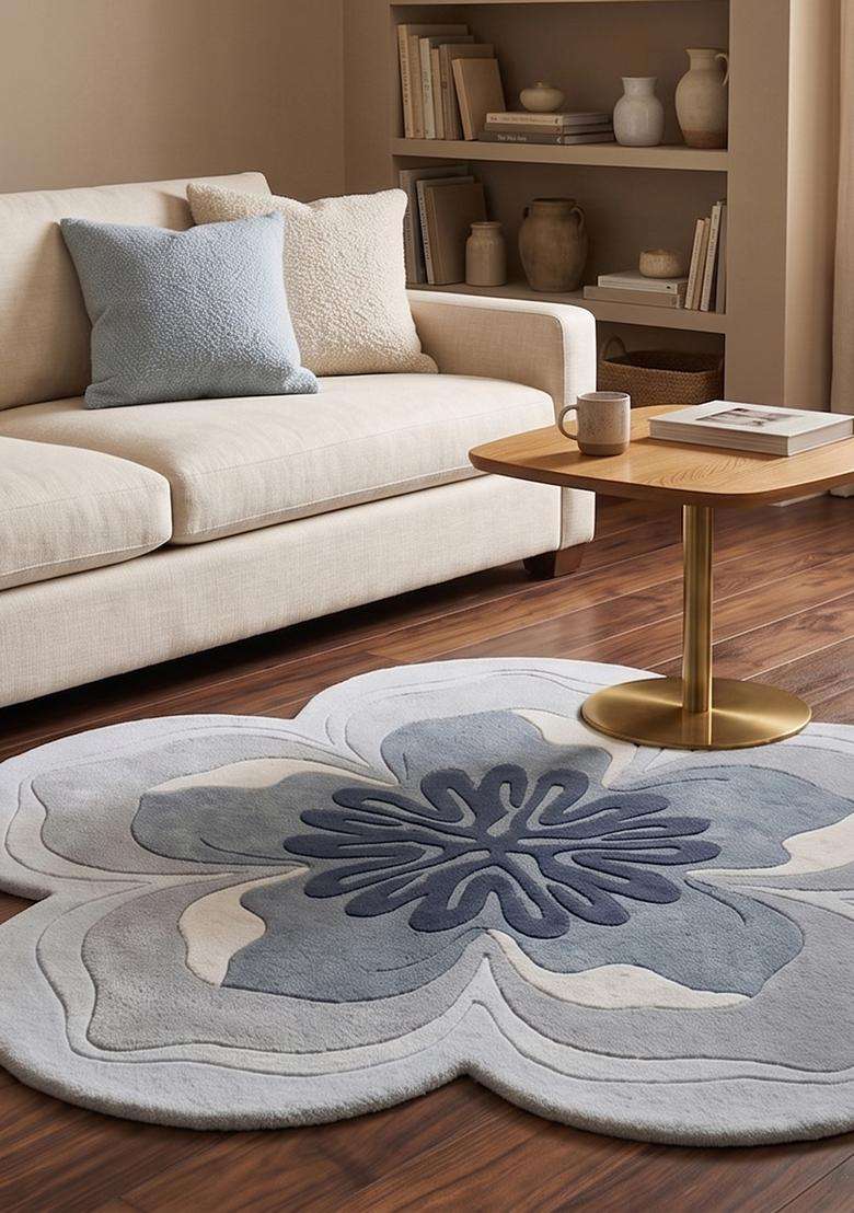 100% Wool Handmade Blue Rug | Contemporary Floral Round Carpet With Cotton Backing For Living Room | Bedroom - Indya