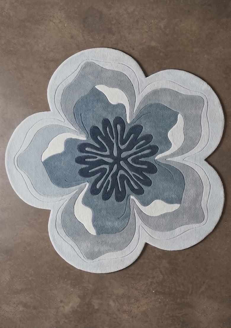 Saffron Rugs Hand Tufted Wool Area Rug | Steel Blue Flower Round Rug | Cotton Backing | Contemporary Floral Home Decor Carpet for Living Room Bedroom - Indya