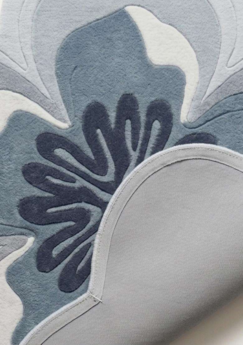 100% Wool Handmade Blue Rug | Contemporary Floral Round Carpet With Cotton Backing For Living Room | Bedroom - Indya