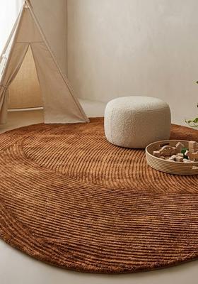 Saffron Rugs Hand Tufted Wool Area Rug | Rust Orange Round Rug | Cotton Backing | Modern Swirls Home Decor Carpet for Living Room Bedroom
