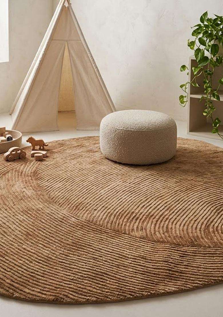 Saffron Rugs Hand Tufted Wool Area Rug | Camel Tan Round Rug | Cotton Backing | Modern Swirls Home Decor Carpet for Living Room Bedroom - Indya