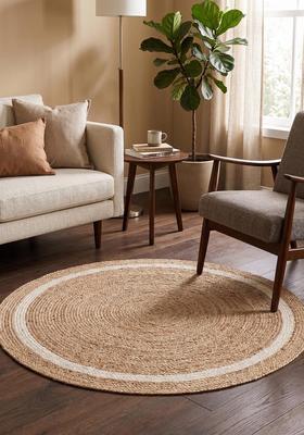 Saffron Rugs Flat Woven Natural Jute & Wool Area Rug | Natural Beige Round Rug | Bohemian Braided Home Decor Carpet