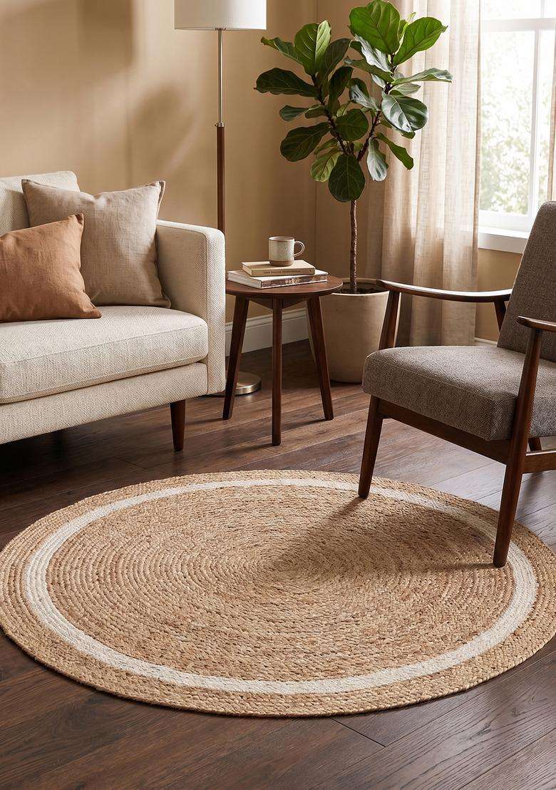 Saffron Rugs Natural Beige Bohemian Braided Flat Weave Jute and Wool Round Rug - Indya