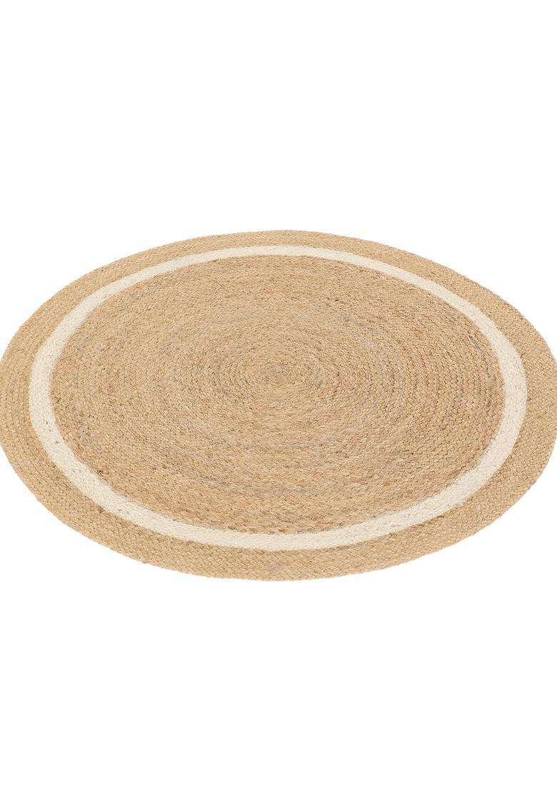 Saffron Rugs Natural Beige Bohemian Braided Flat Weave Jute and Wool Round Rug - Indya