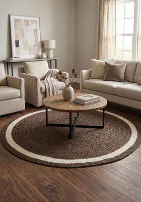 Saffron Rugs Flat Woven Natural Jute & Wool Area Rug | Dark Brown Round Rug | Boho Solid Home Decor Carpet