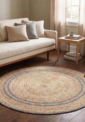 Saffron Rugs Flat Woven Natural Jute & Wool Area Rug | Natural Beige Round Rug | Bohemian Braided Home Decor Carpet