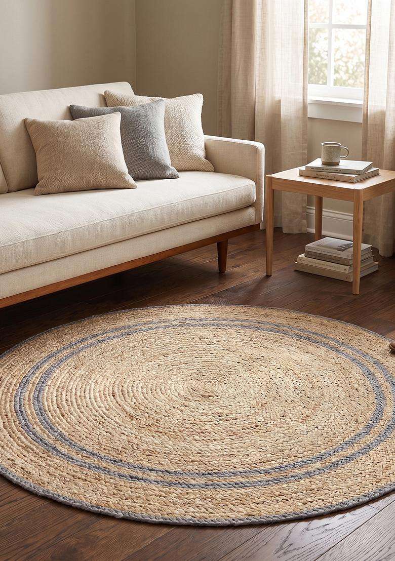 Saffron Rugs Natural Beige Bohemian Braided Flat Weave Jute and Wool Round Rug - Indya