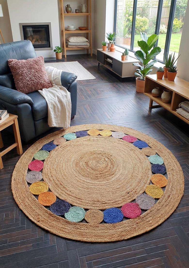 Jute Wool Braided Beige Rug | Bohemian Braided Round Flat Woven Reversible Carpet For Living Room - Indya