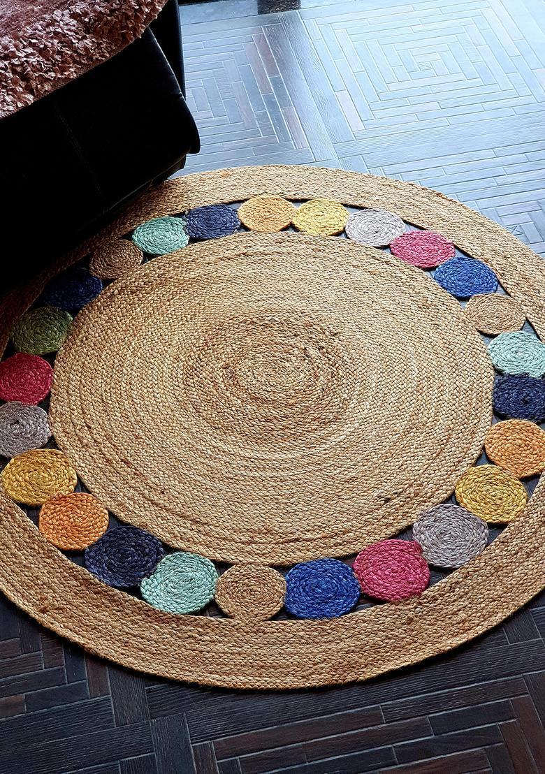 Saffron Rugs Flat Woven Natural Jute & Wool Area Rug | Natural Jute Beige Round Rug | Bohemian Braided Home Decor Carpet - Indya