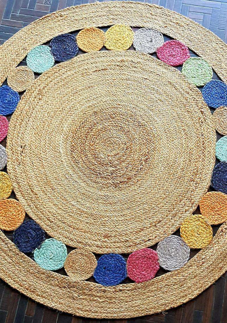 Jute Wool Braided Beige Rug | Bohemian Braided Round Flat Woven Reversible Carpet For Living Room - Indya