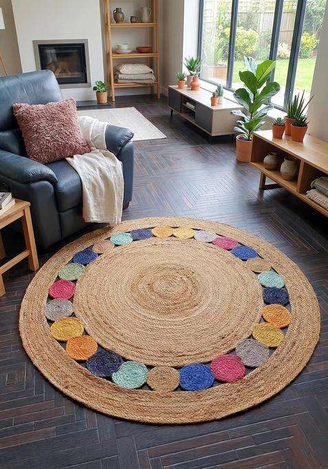 Jute Wool Braided Beige Rug | Bohemian Braided Round Flat Woven Reversible Carpet For Living Room