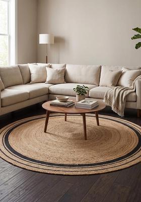 Saffron Rugs Flat Woven Natural Jute & Wool Area Rug | Natural Beige Round Rug | Bohemian Striped Home Decor Carpet