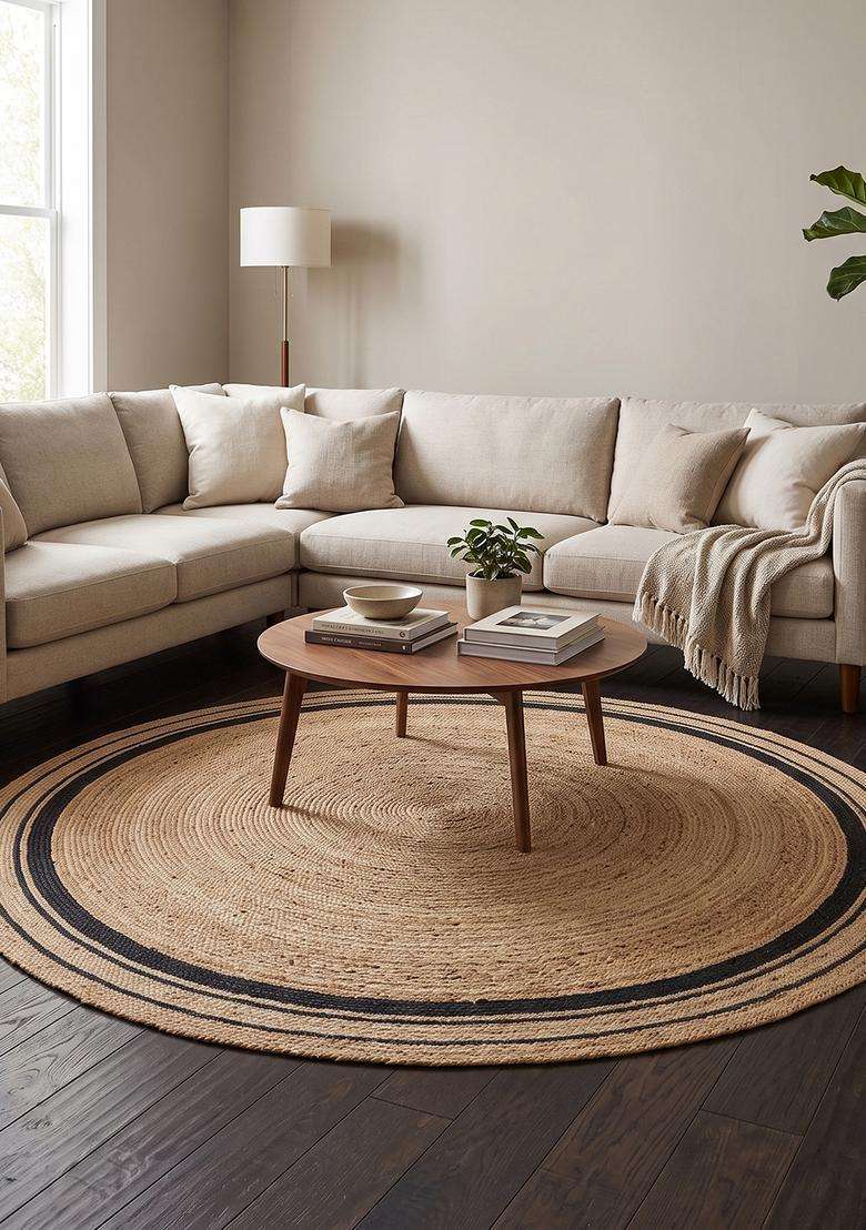 Saffron Rugs Natural Beige Bohemian Striped Flat Weave Jute and Wool Round Rug - Indya