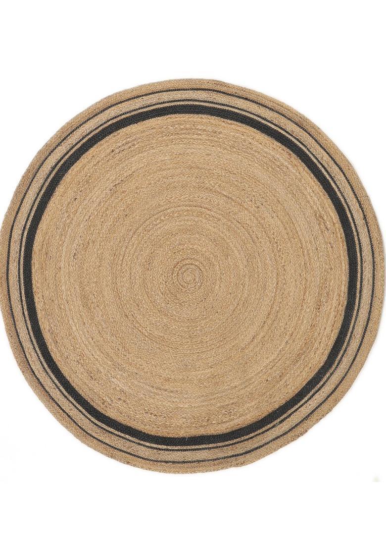 Saffron Rugs Flat Woven Natural Jute & Wool Area Rug | Natural Beige Round Rug | Bohemian Striped Home Decor Carpet - Indya
