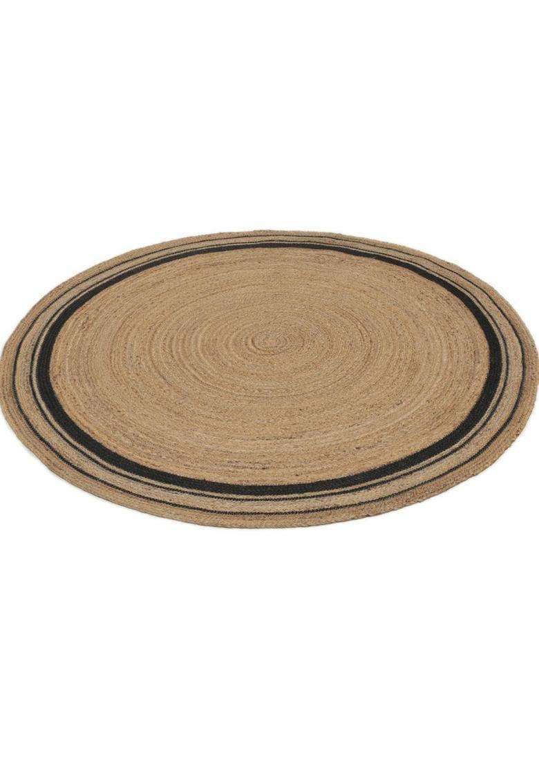 Saffron Rugs Natural Beige Bohemian Striped Flat Weave Jute and Wool Round Rug - Indya