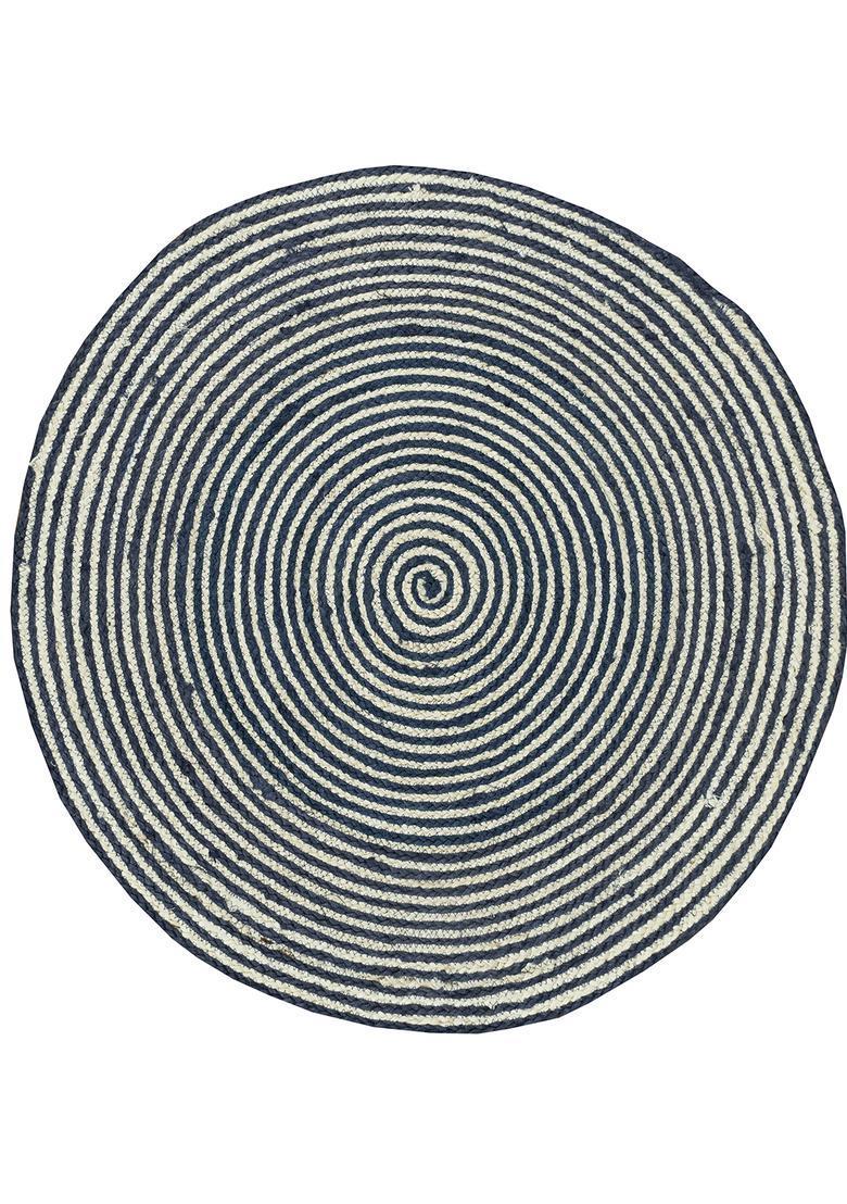 Saffron Rugs Flat Woven Natural Jute & Wool Area Rug | Navy Blue Round Rug | Bohemian Swirls Home Decor Carpet - Indya