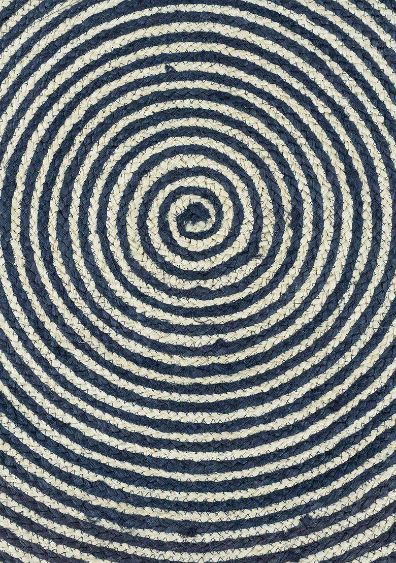 Jute Wool Braided Blue Rug | Bohemian Swirls Round Flat Woven Reversible Carpet For Living Room - Indya