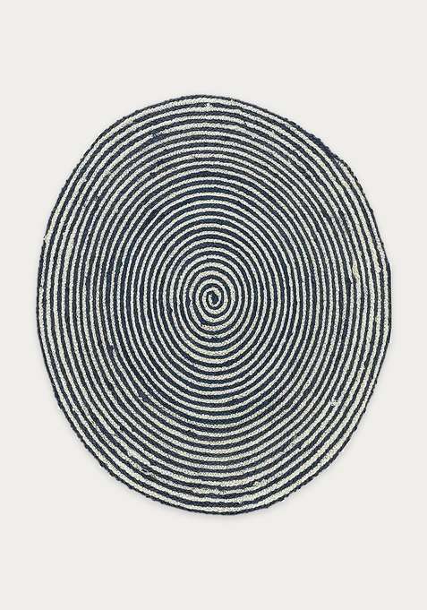 Jute Wool Braided Blue Rug | Bohemian Swirls Round Flat Woven Reversible Carpet For Living Room