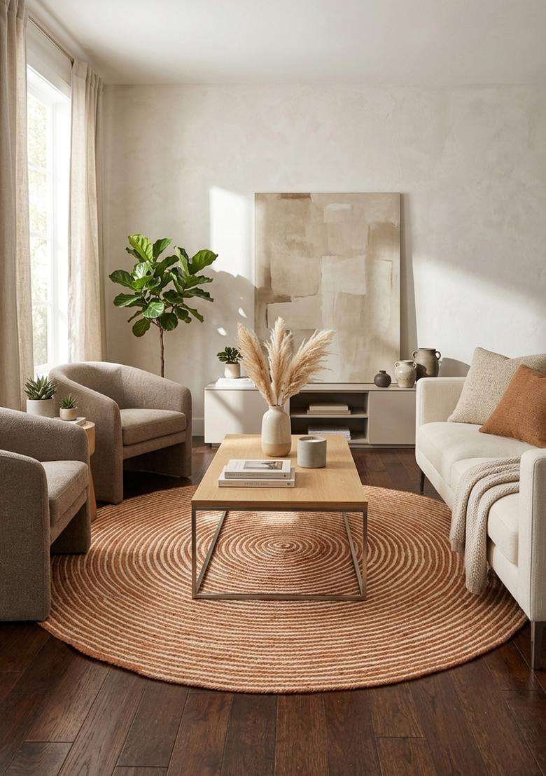 Jute Wool Braided Orange Rug | Bohemian Swirls Round Flat Woven Reversible Carpet For Living Room - Indya