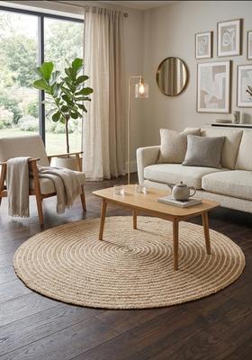 Saffron Rugs Flat Woven Natural Jute & Wool Area Rug | Natural Beige Round Rug | Bohemian Swirls Home Decor Carpet