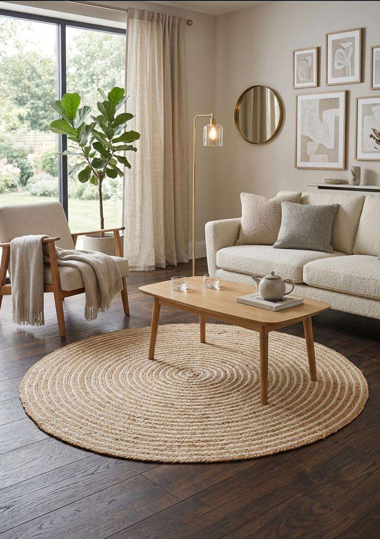 Saffron Rugs Natural Beige Bohemian Swirl Flat Weave Jute and Wool Round Rug - Indya